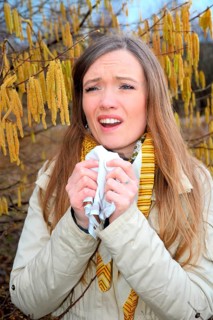 Woman with pollen allergy among flowering hazel (Corylus)