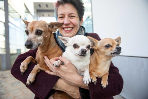 Laughing woman holding her three dogs in her arms
