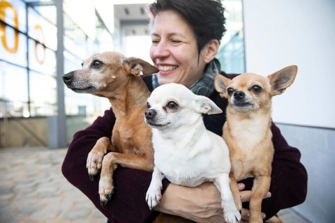 Laughing woman holding her three dogs in her arms