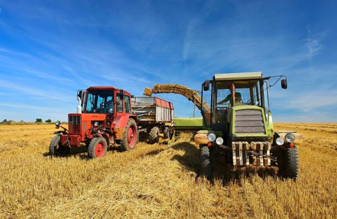 Bale press unloads straw bales on tractor trailer