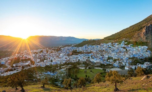 View on Chefchaouen with last sunbeams at sunset