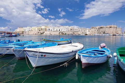 Fishing boats in harbor with View of the historic centre with castle