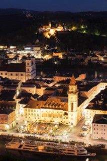 View over the old town with town hall to the pilgrimage church Mariahilf
