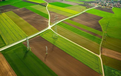 High-voltage transmission lines over farm fields in spring