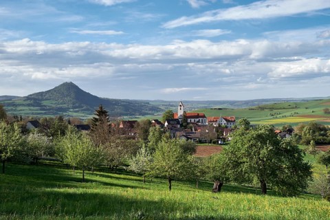 Orchard meadow with village Weiterdingen in Hegau