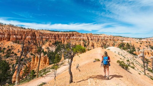 Hiker with backpack on trail in bizarre landscape