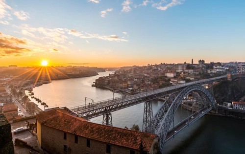 View over Porto with Ponte Dom Luis I Bridge across River Douro