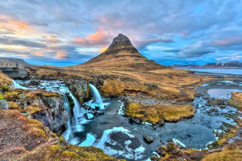 Mount Kirkjufell with Kirkjufellsfoss Waterfall