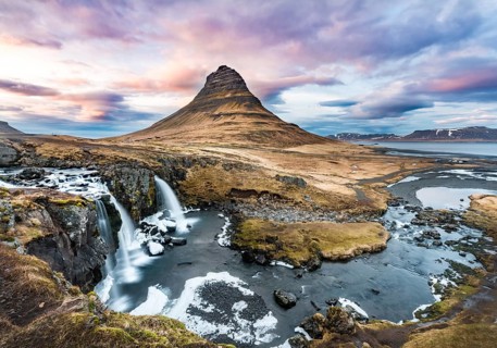 Mount Kirkjufell with Kirkjufellsfoss Waterfall