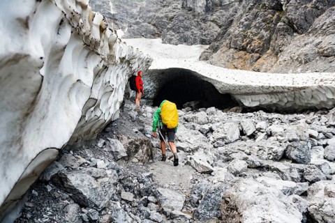 Two hikers at the ice chapel