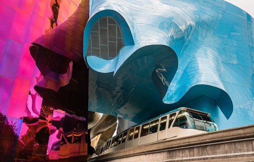 Monorail train runs through the Museum of Pop Culture