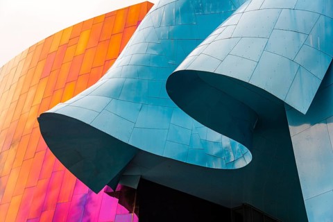 Curved colored facade of the Museum of Pop Culture
