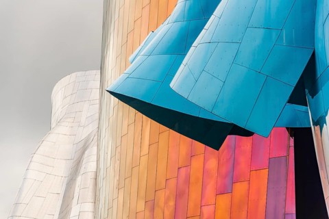 Curved colored facade of the Museum of Pop Culture