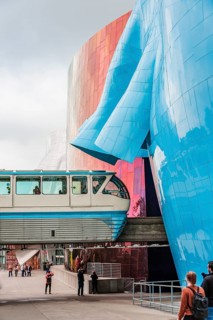 Monorail train runs through the Museum of Pop Culture