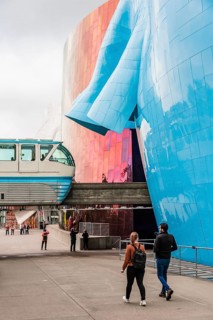Monorail train runs through the Museum of Pop Culture