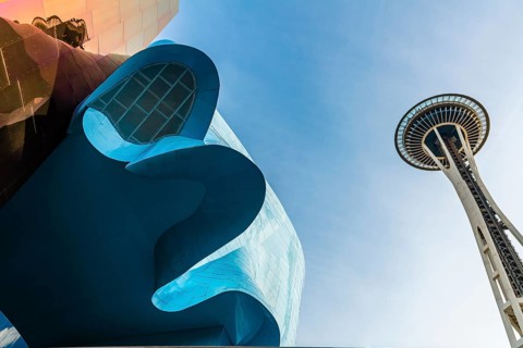 Curved colored facade of the Museum of Pop Culture