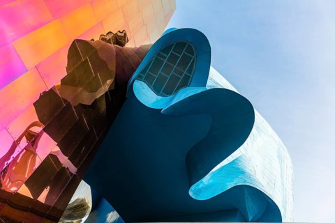 Curved colored facade of the Museum of Pop Culture