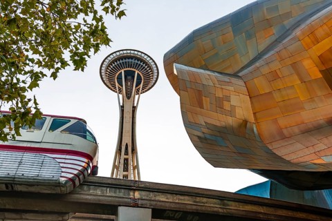 Monorail train runs through the Museum of Pop Culture