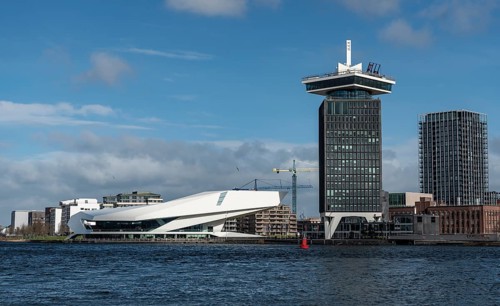 Building of the modern cultural centre EYE Filmmuseum with the A'DAM Tower and viewing platform