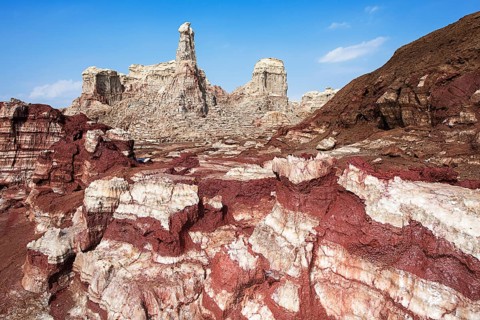 Bizarre rocky landscape with petrified salt layers at the edge of the Lake Karum