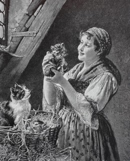 The domestic cat in a straw basket gave birth and the farmer's wife looks at the kittens
