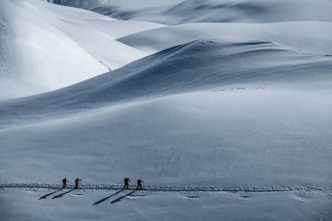 Ski mountaineers in winter landscape