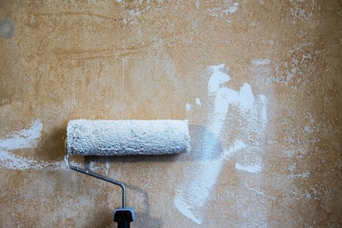 Painter's roller with white paint leaning against a plastered wall