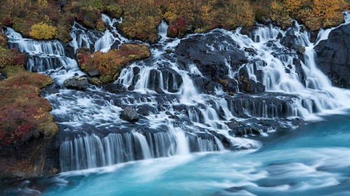 Hraunfossar waterfall in autumn