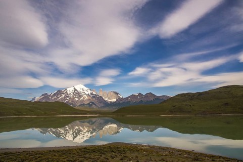Mountain massif Torres del Paine reflected in Lago Amarga