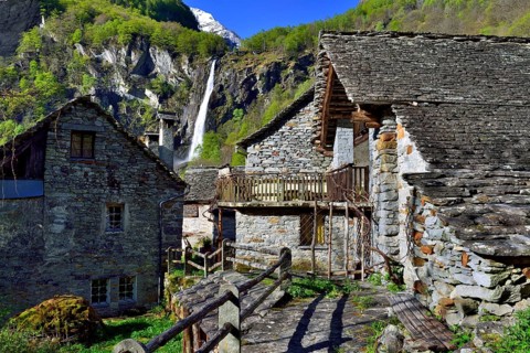 Ticino stone houses in the mountain village of Foroglio