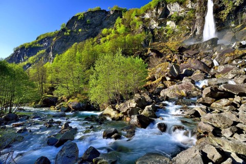 Mountain river Bavona with waterfall