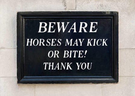 Beware horses may kick or bite sign