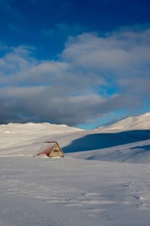 Refuge in snow-covered landscape at Snaefellsjokull