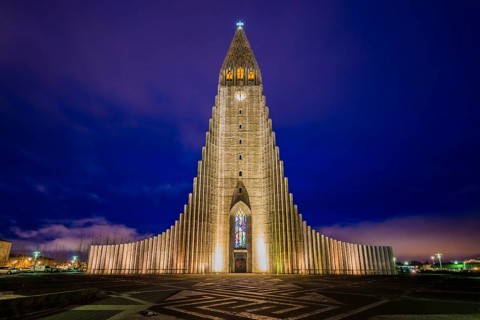 Illuminated church Hallgrimskirkja at night