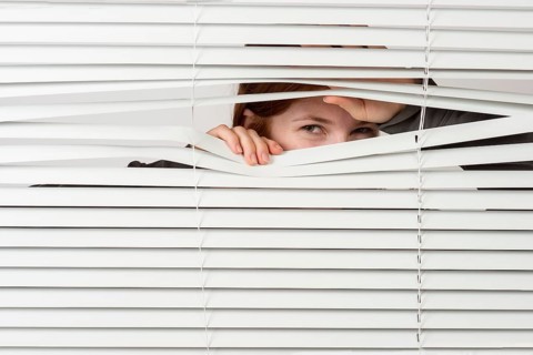 Young woman looking laughing through blinds