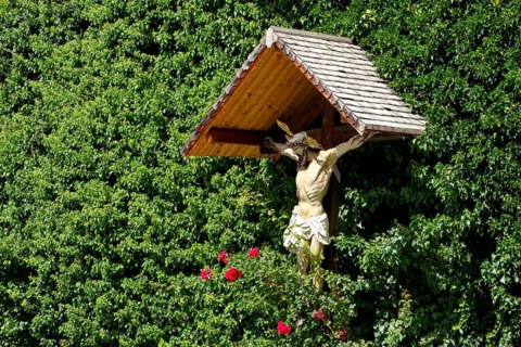 Way cross surrounded by ivy