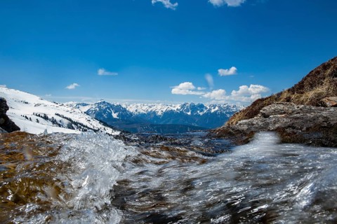 Snow landscape with the mountain Serles and Kalkkogel