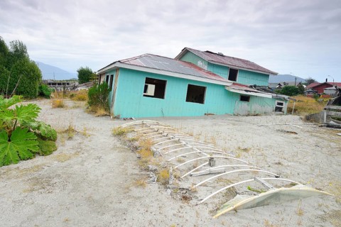 Destroyed house during volcanic eruption of Chaiten volcano in 2008