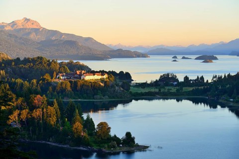 Llao Llao Hotel between Lago Perito Moreno and Lago Nahuel Huapi with morning sun