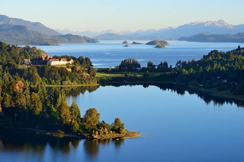Llao Llao Hotel between Lago Perito Moreno and Lago Nahuel Huapi with morning sun