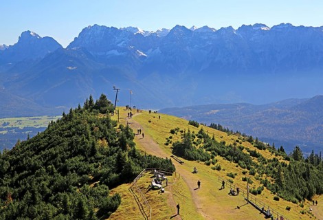 Hiking trail at the summit of Wank 1780m against the Karwendel Mountains