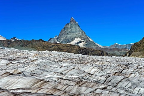 Icefield of the Gorner glacier with view of the Matterhorn