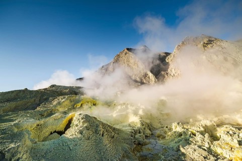 Yellow sulphur and fumarole on the volcanic island of White Island