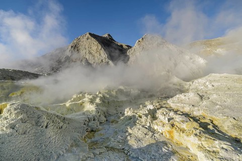 Yellow sulphur and fumarole on the volcanic island of White Island