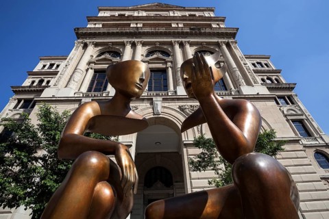 Sculpture in front of Lonja del Comercio at the Plaza de San Francisco
