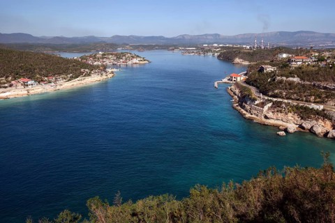 View from the El Morro fort of the harbor entrance Bahia de Santigo de Cuba and the island of Cayo Granma