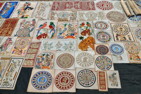 Mayan motifs on cloths at a souvenir stand