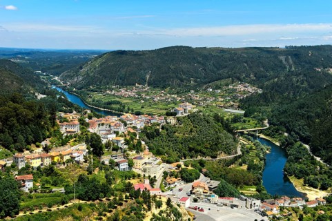 View from the viewpoint Penedo de Castro to the city Penacova at the river Mondego
