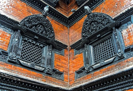Artfully carved window grilles in traditional Newar style in Kumari Chowk inner courtyard