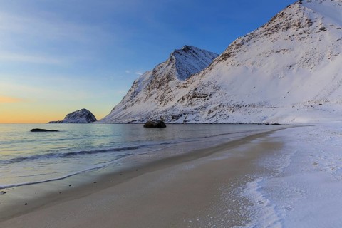 Haukland beach with snow